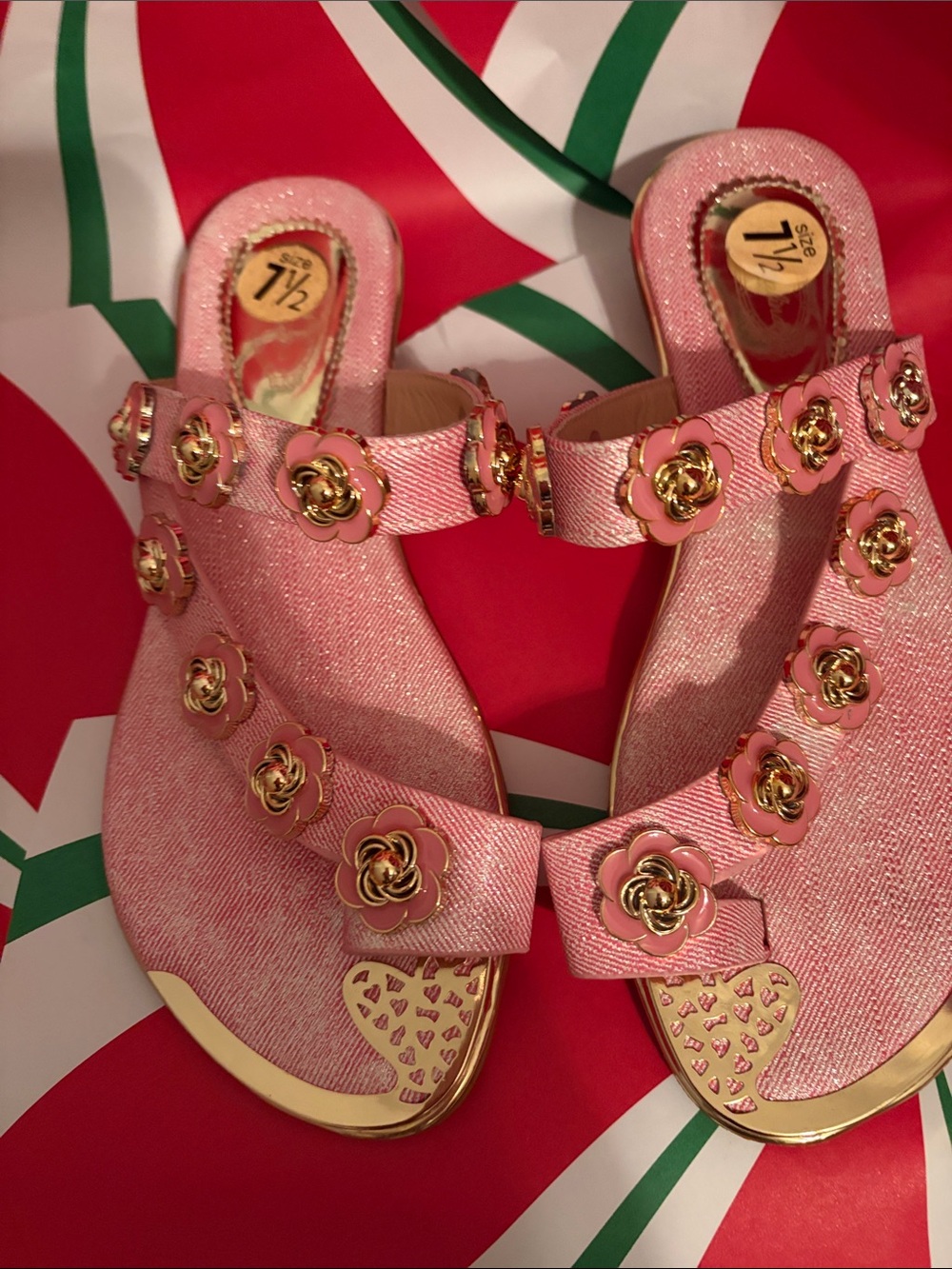 Women's Pink Floral Embellished Slide Sandals with Gold Accents